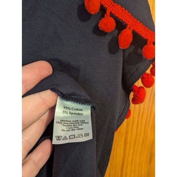 Duffield Lane Pom Pom Shift Dress Size Small Navy Blue Red Vacation Resort Wear - Picture 4 of 6